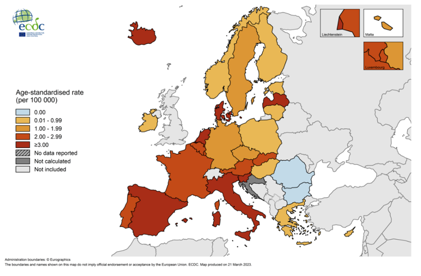 Distribuição na Europa da Doença dos Legionários